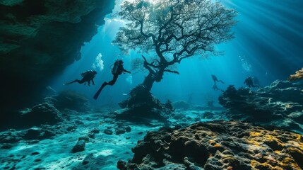 Fototapeta premium Divers swim underwater among the trees. Diving with scuba gear and fins. Concept: water exploration and treasure hunting in a flooded area 