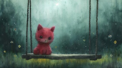 grungy noise texture art,  cute cat on swing in outdoor, whimsical fantasy fairytale contemporary creative illustration, Generative Ai
