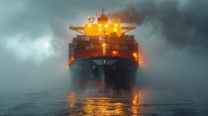 Cargo éclairé dans la brume : Navigation paisible par faible visibilité - obrazy, fototapety, plakaty