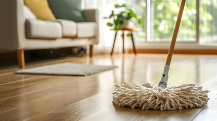 floor with cleaner, a mop and a duster on a wooden floor in a living room with a couch and a window
