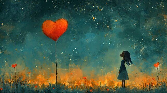 grungy noise texture art, cute girl with red heart balloon, whimsical fantasy fairytale contemporary creative illustration, Generative Ai