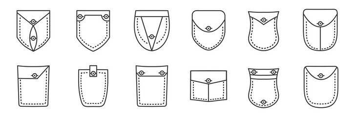 Pattern for clothes. Pocket Symbols. Set of patch pockets and fabric element. Black and white illustration. Set of part of clothes. Design elements. Vector illustration