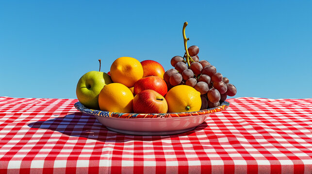 Fruits on plate on red checkered picnic table with clear blue sky, Outdoor family summer camp picnic
