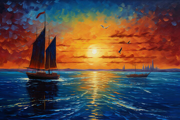 Original oil painting of boats and sea on canvas. Sunset over ocean. Modern Impressionism transparent background Generative Ai
