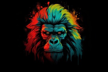 Multicolored gorilla head with fiery red eyes vector illustration for t-shirt design