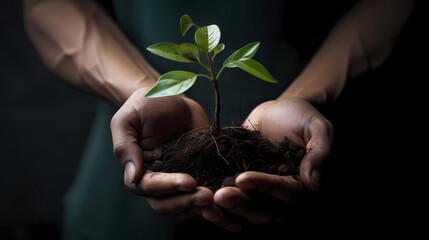 An adult man hand holding a small plant or sapling front view. Save the tree concept. Earth day and sustainability. 