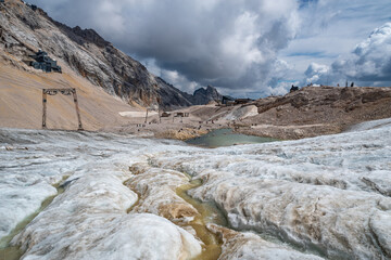 Hikers on the glacier of Zugspitze. Germany.