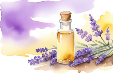 Essential oils. A bottle with lavender essential oil, lavender flowers on a background of pastel colors in watercolor technique. Postcard, cover, poster
