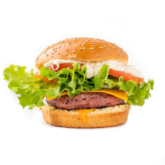 Hamburger con pane ai semi di sesamo, maionese, pomodoro, insalata, formaggio e carne di manzo