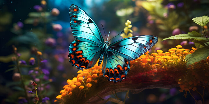 Multi colored butterfly sitting on the flowers branch flies among vibrant nature beauty A blue butterfly with a red spot on its wings is photographed in a garden Ai Generative