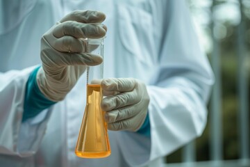 close-up of a person in a lab coat holding up a flask containing a yellowish liquid
