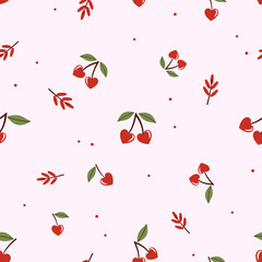 Seamless pattern with heart shape cherries, red branch on pink background vector illustration. Cute fruit print.