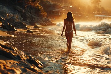 A slender woman enters the water among the raging waves. Concept: a girl on a beach holiday, walking along the water. Tourist destinations to the sea. Banner with copy space - obrazy, fototapety, plakaty