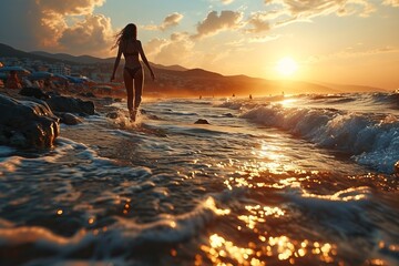 A slender woman enters the water among the raging waves. Concept: a girl on a beach holiday, walking along the water. Tourist destinations to the sea. Banner with copy space - obrazy, fototapety, plakaty