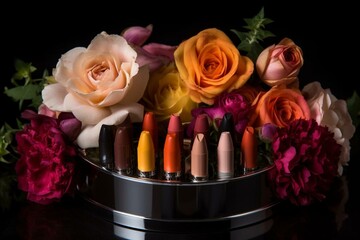 Vibrant lip color in sleek container with elegant flowers on a clean backdrop. Generative AI