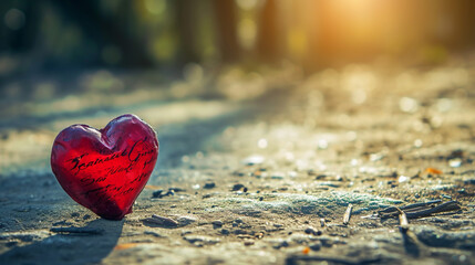 Fototapeta premium Illustration, minimalistic wallpaper with one heart containing a heartfelt message of love for Valentine's Day.