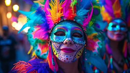 Woman Wearing Colorful Mask and Feathers on Her Head - obrazy, fototapety, plakaty