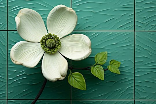 Dogwood flower on green tile background. Generative AI