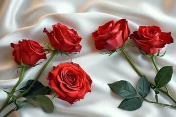 Anniversary elegance red roses on white satin cloth background