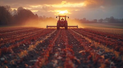 Moissonneuse-batteuse rouge dans un champ de blé doré : Paysage rural productif - obrazy, fototapety, plakaty
