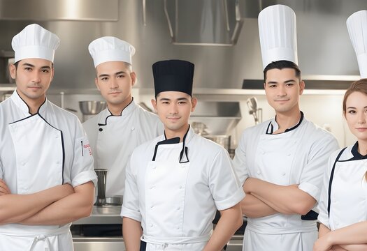 Portrait of chef standing with his team on background in commercial kitchen at restaurant
