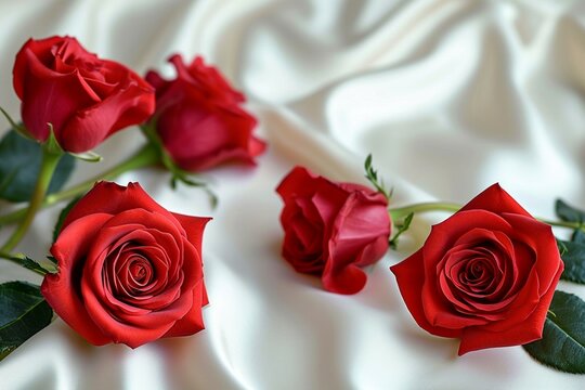 Photo Valentines charm red roses on white satin cloth background