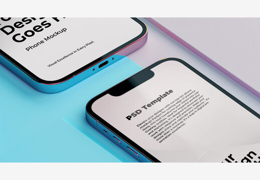 Mobile Mockup Phone Template - Side-by-Side Phones on Blue and Pink Backgrounds with White Wall - Stock Image