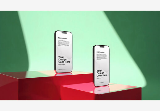 Mobile Mockup Phone Template: Two Phones on Red Boxes in Green Room with Shadow on Wall, Bright Light From Window