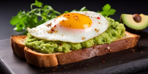 Healthy breakfast. Avocado toast with fried egg. Dark wooden table.
