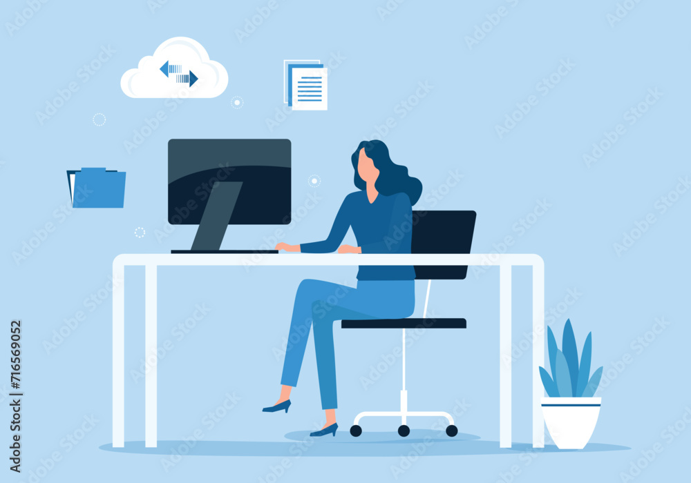 Aufkleber flat vector business women working online at home office on web monitor dashboard with internet network connection technology concept	