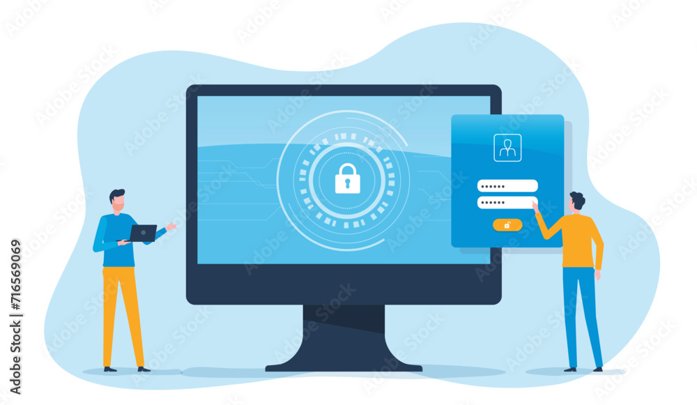 Poster flat vector Business cyber, security technology with team administrator and developer working design concept