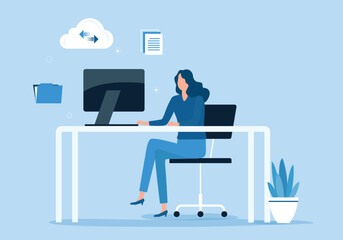 flat vector business women working online at home office on web monitor dashboard with internet network connection technology concept	