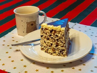piece of cake and cup of coffee, closeup