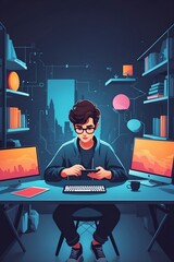 Man Sitting at Desk With Two Computer Monitors. Generative AI.