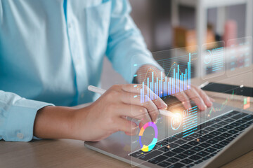 KPI business analysis concept. Businessman using KPI dashboard virtual screen analyze data report,...
