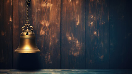 brass bell on wooden background with copyspace - obrazy, fototapety, plakaty
