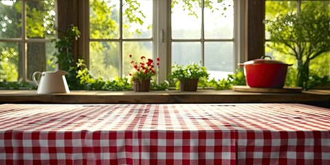 Empty tablecloth draped over table background setting of kitchen or picnic cloth atop backdrop of wooden design fabric ready for display of food space on tabletop for restaurant setting in summer - obrazy, fototapety, plakaty
