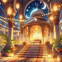 Ramadan Kareem background with mosque and crescent moon. 3d rendering. Ramadan kareem, eid mubarak, muslim and eid fitr concept.