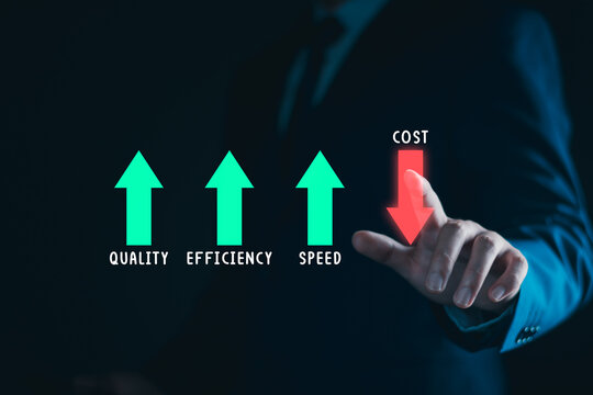 Cost reduction concept. Cost and quality control, business strategy and project management. Businessman with quality control growth graph, cost reduction, effective business and cut budget.