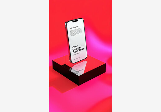 Mobile Mockup Phone Template - Black Surface with Red and Purple Background, Phone on White Square, Red Rectangle Object on Top