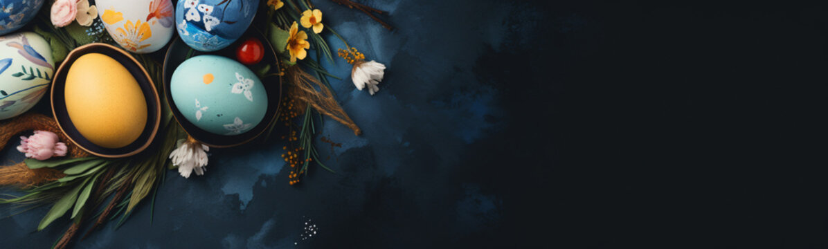 Osterbanner mit bemalten Eiern  auf dunkelblauem Hintergrund. Draufsicht, flach gelegt mit Kopierraum