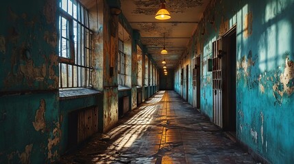 Fototapeta premium a long abandoned corridor with peeling blue and yellow walls and a checkerboard floor, creating an atmosphere of mystery and forgotten history.