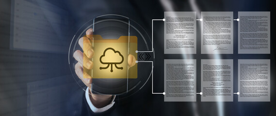 Businessman sharing documents in cloud with smartphone. DMS Document management system tech concept