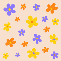 Fototapeta na wymiar Daisy flower pattern. Yellow, orange, blue chamomile camomile icon set. Cute plant collection. Growing concept. Wrapping paper textile template. Greeting card, banner. Pink background.