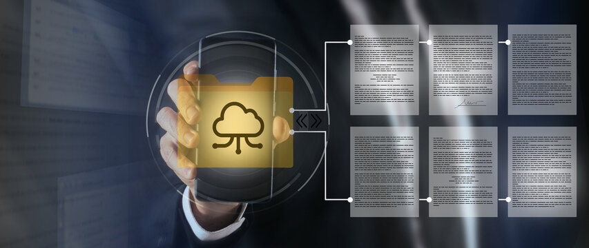 Businessman sharing documents in cloud with smartphone. DMS Document management system tech concept
