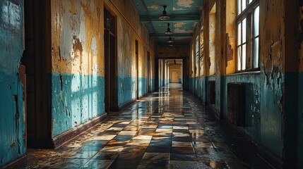 a long abandoned corridor with peeling blue and yellow walls and a checkerboard floor, creating an atmosphere of mystery and forgotten history.