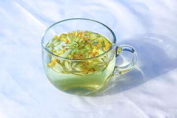 Herbal tea in a transparent cup.