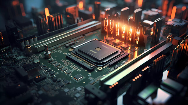 A computer motherboard with a tank on top of it and other electronic components surrounding it in a blurry photo