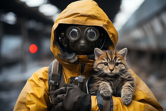 A man in a yellow chemical protection suit with a cat in his arms. Concept: rescue and protection of people and animals in an emergency.