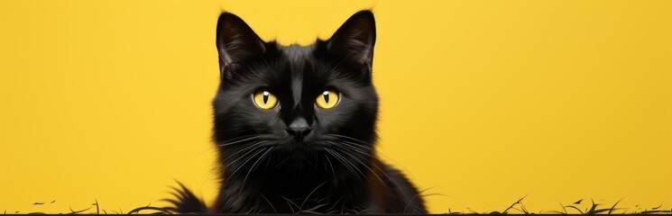 Illustrative graphic black cat on a yellow background. Copy space banner
